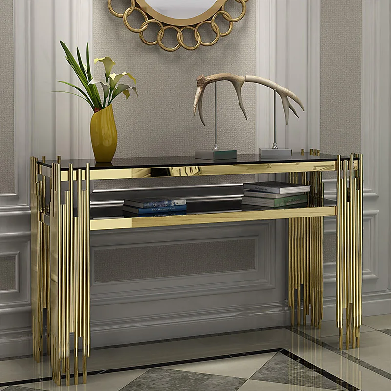luxury Glass top golden stainless steel base hallway corner decorative living room console table furniture