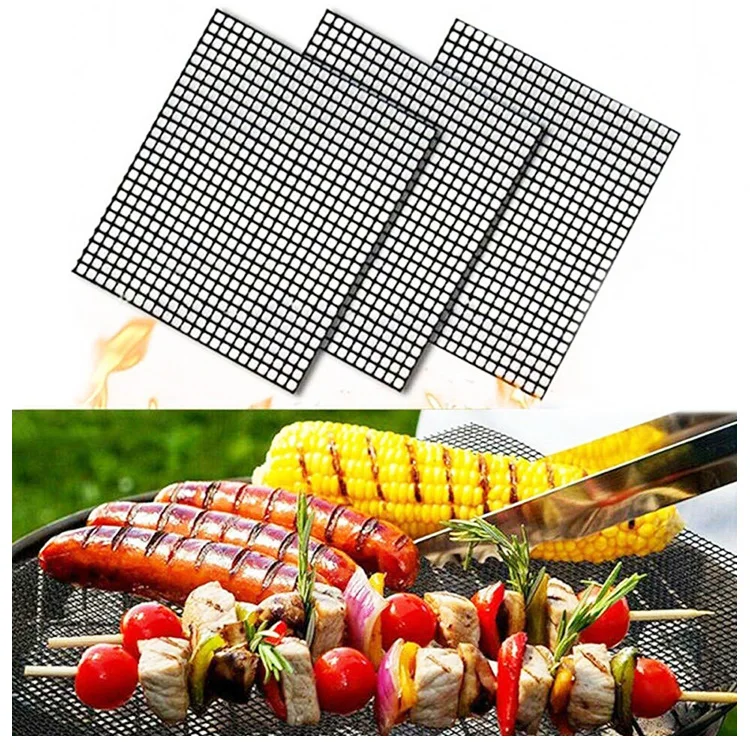PTFE Coated Non-stick Splash Screen Protector With Silicone Folding Handle Heavy Duty Non Stick Reusable BBQ Grill Mat