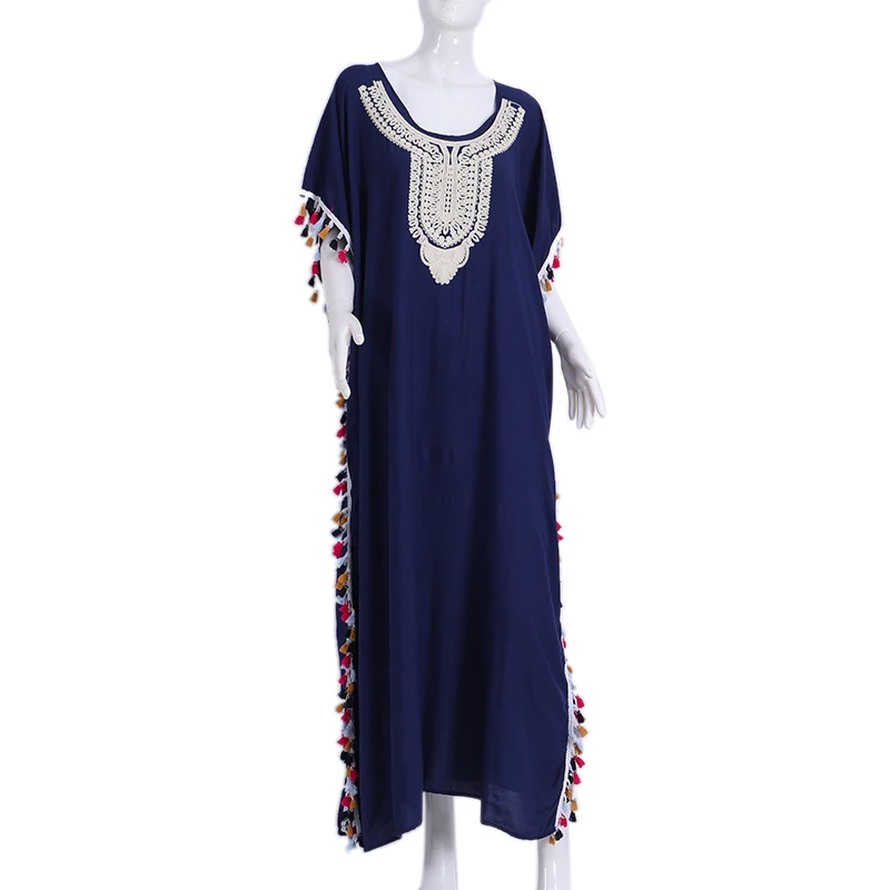 Summer abaya embroidered tassel short-sleeved kaftan islamic dubai robe qamis homme muslim long women muslim dress