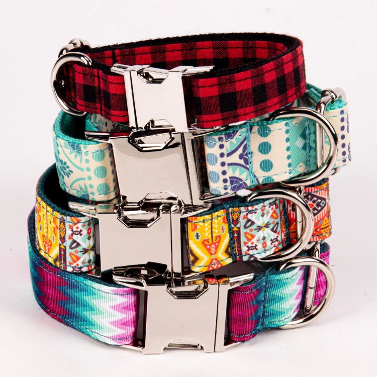 Wholesale red square printing pet collar polyester dog collar with metal buckle