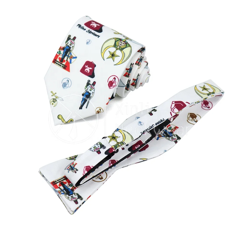 Factory Price White Masonic Shriner Cartoon Logo Pattern Digital Printed Bow Tie Custom Polyester Necktie Set for Men