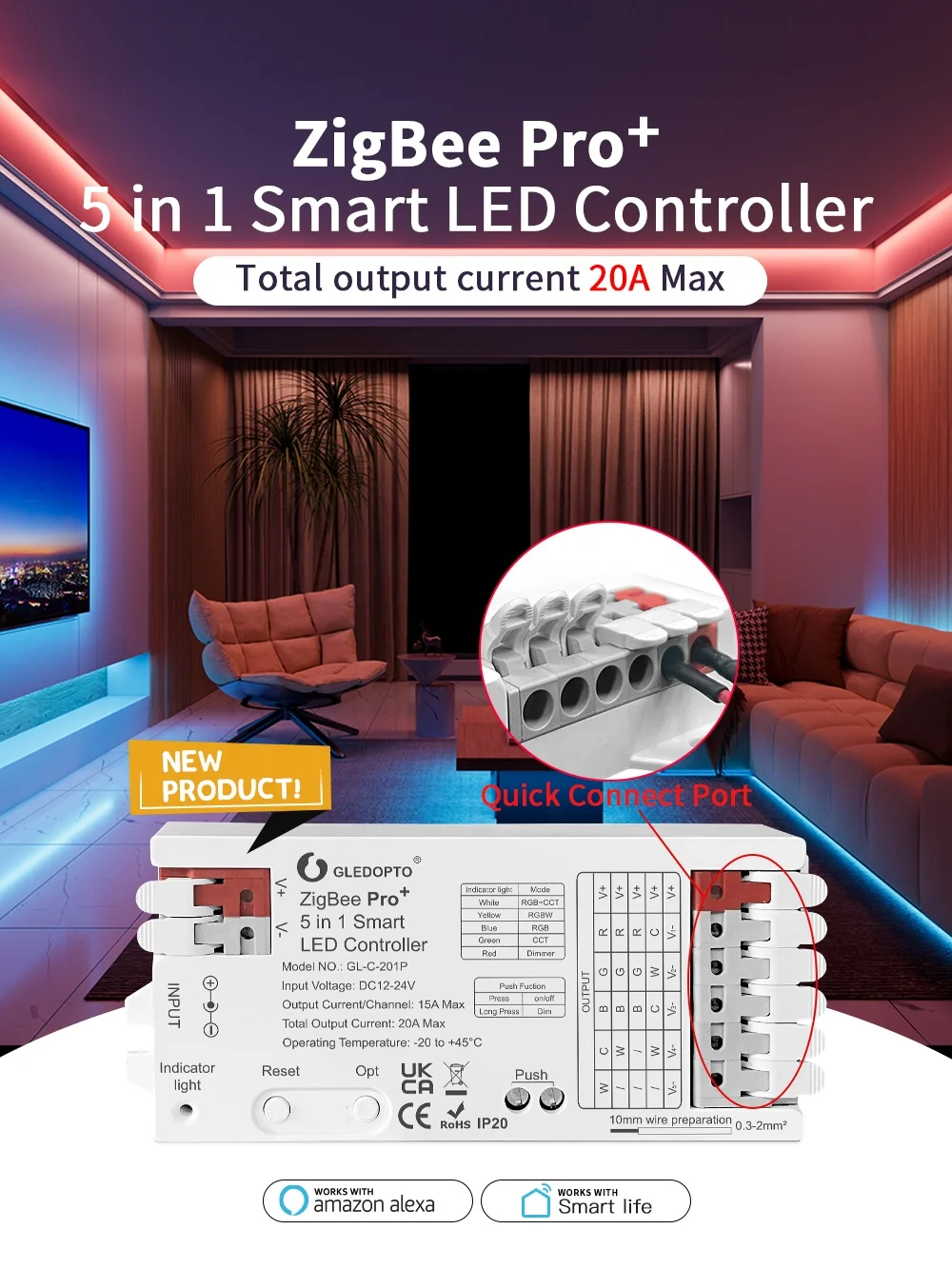 NEW Gledopto 5 in1 zigbee 3.0+2.4 G RF smart LED Controller  with Push Switch DC 12-24 v 20 A Max  Color Temperature Regulation