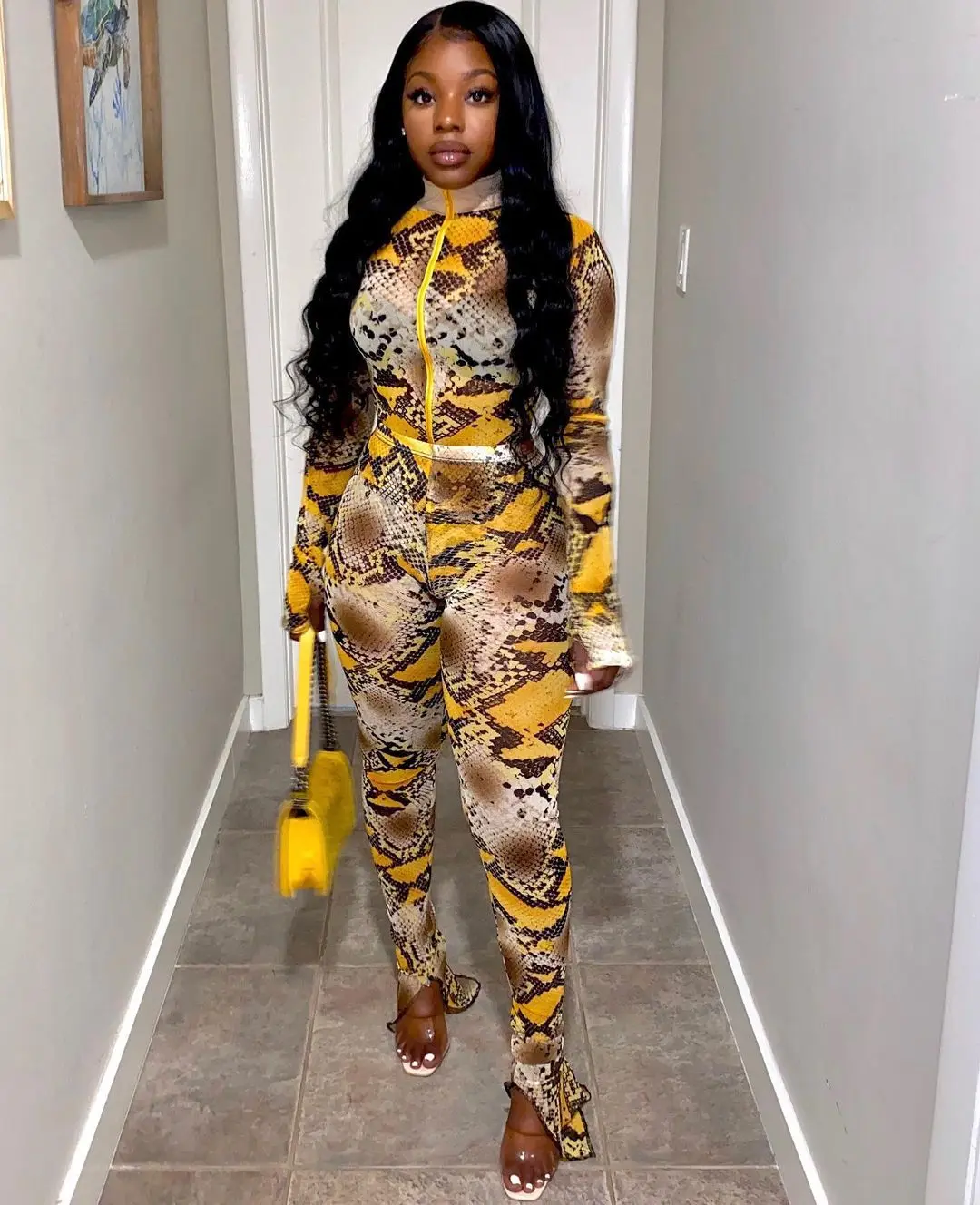 2020 Printing Pattern Flares Two Piece Suit Sports Two Piece Suit Leisure Long Sleeve Hart Stitching Fall 2 Piece Set Women