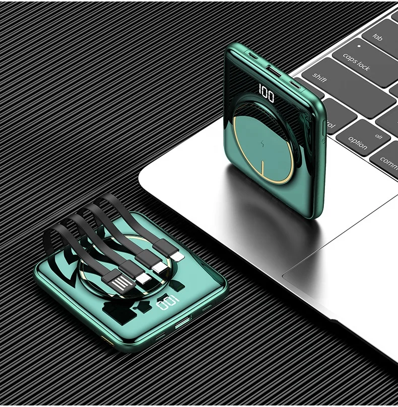 Hot Sale Large Capacity 10000mAh Fast Charging Mini Portable Wireless Power Bank Mobile Charger with Charging Cables