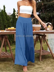 Elegant Fashion Linen Trousers 14 Colors High Waist Easy Home Walk Lounge Beach Vacation Layered Frill Loose Flare Pants