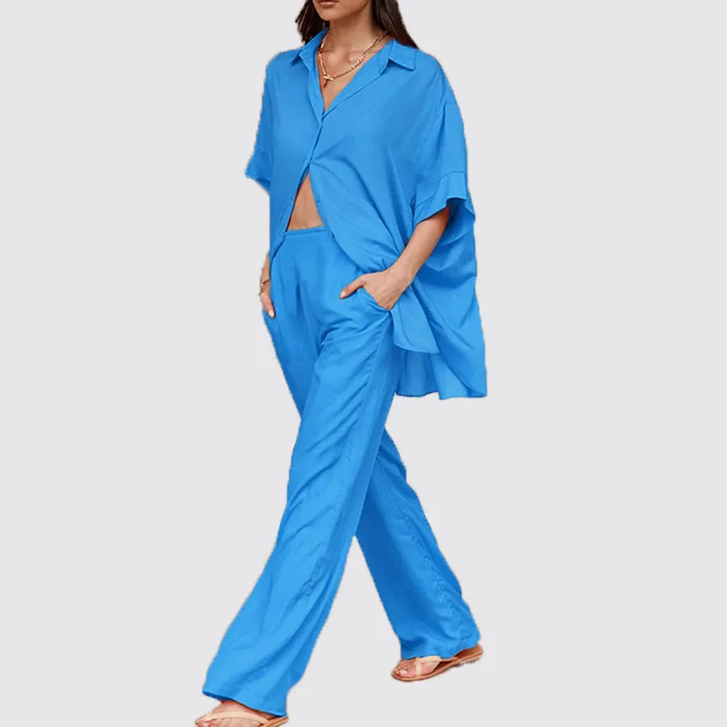 Woman Casual Linen Wide Leg Pants Set Women Orange Loose Short Sleeve Single Breasted Long Shirts Cotton And Linen Trouser