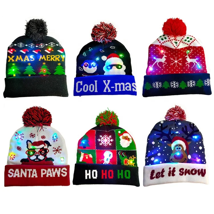 Factory Wholesale LED Christmas Hat Colorful Light-up Knitted Santa Sweater Xmas Party Beanie Cap for Adult Men Women