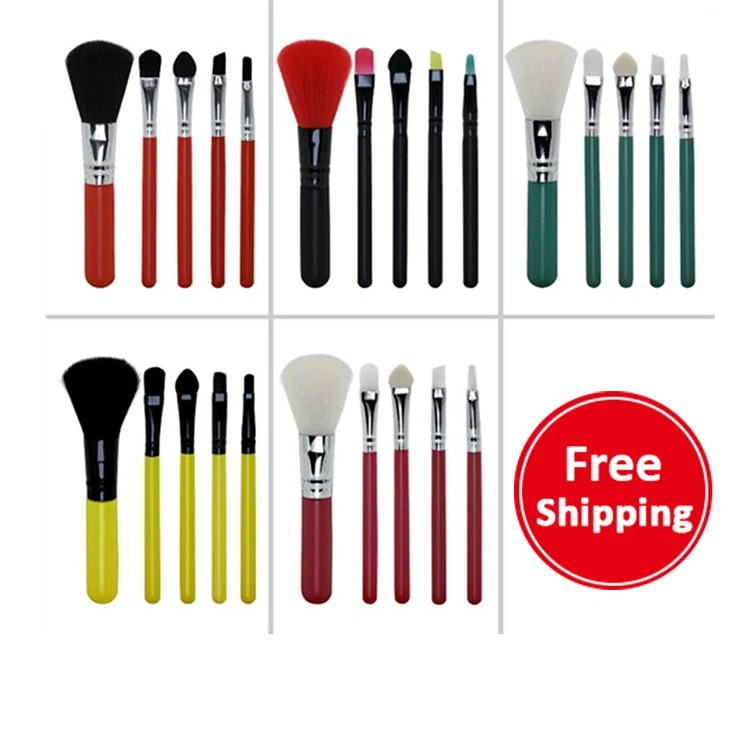 Drop shipping mini 5 piece eye shadow blush brush makeup tool custom face vegan red makeup brush set