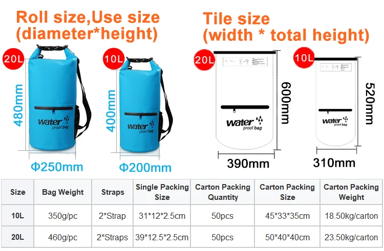 10L 20L Front Zipper Waterproof Beach Dry Bag Double Shoulder Hiking Outdoor Travel Backpack