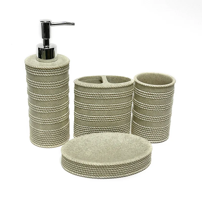 Polyresin Hotel Design Resin Bathroom Set Simple Washroom Soap Dish Soap dispenser Bathroom Set 4 Piece