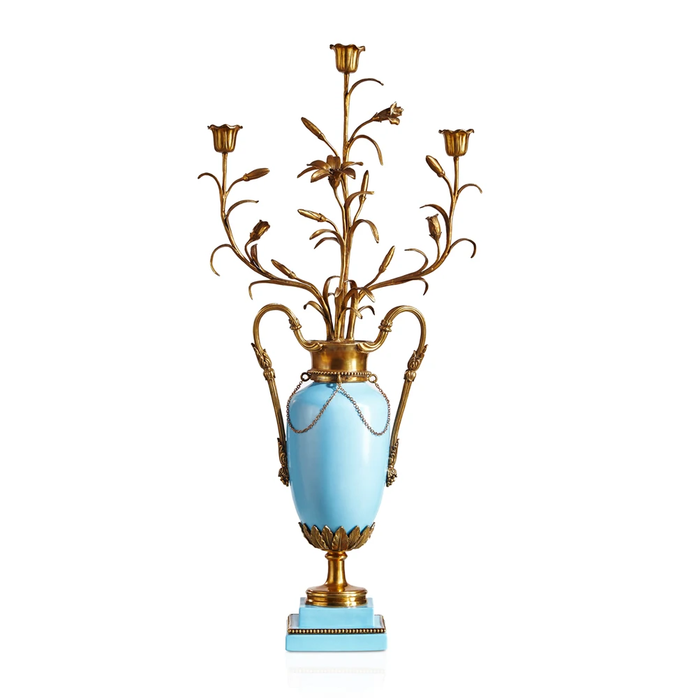 Luxury Imperial Rococo Designed Full Golden Bronze Floral Mounted Elegant Light Blue Porcelain Candelabra Centerpiece