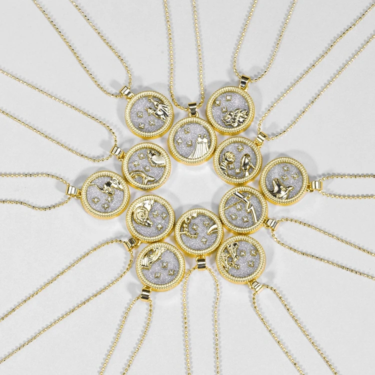 Day And Night Gold Plated Coin Shaped Charm Horoscope Astrology Pendant Women 12 Zodiac Sign Necklace Jewelry