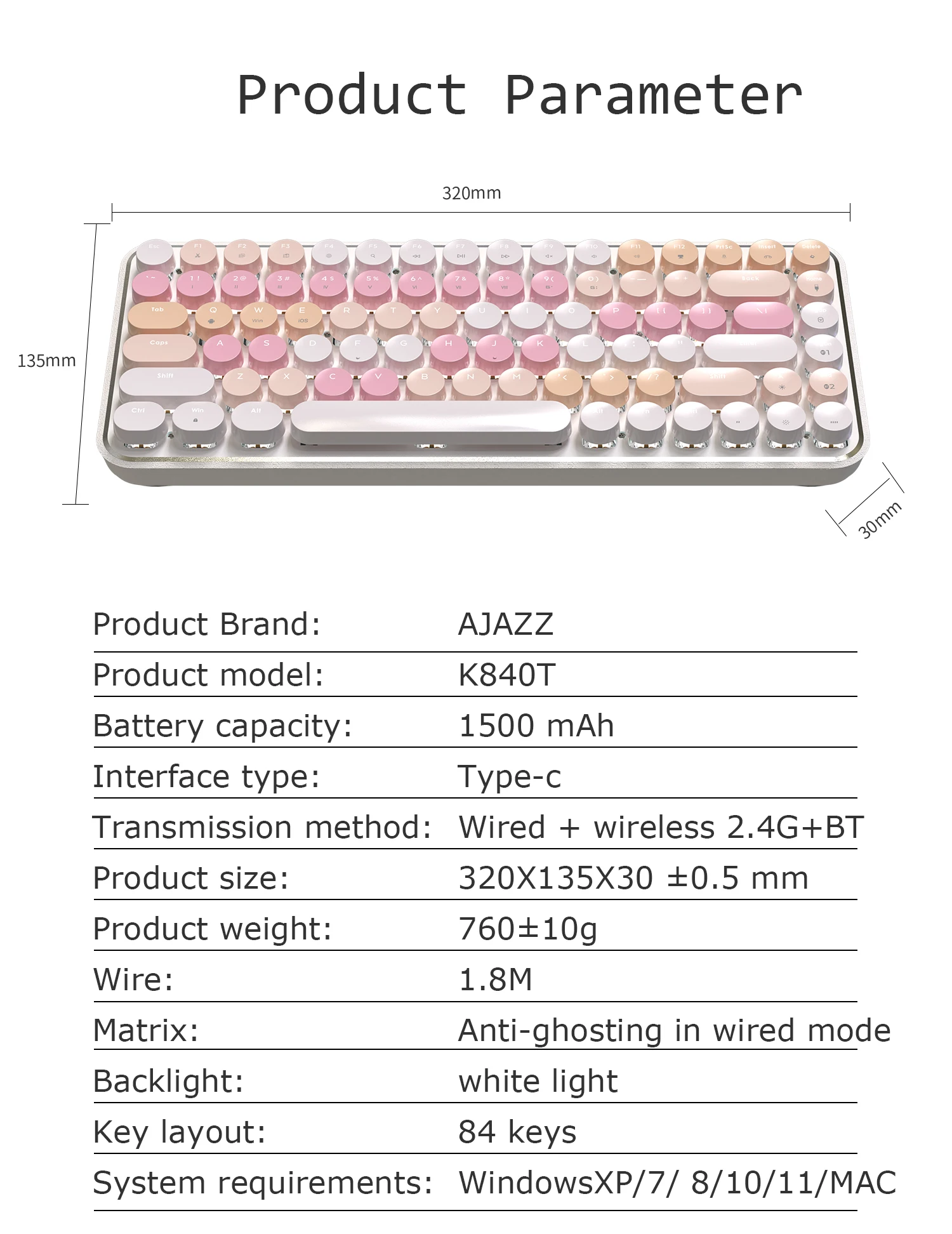AJAZZ K840T 84 Keys Wireless Type-C Keyboard Gaming LED Wired Keyboard Usb Custom Keyboards Mini