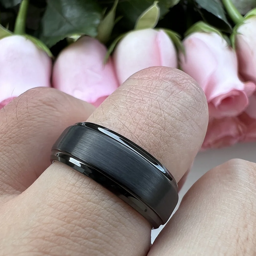 Coolstyle Jewelry Dropshipping Wholesale 8mm Stepped Beveled Fashion Engagement Wedding Band Black Tungsten Ring for Men Women