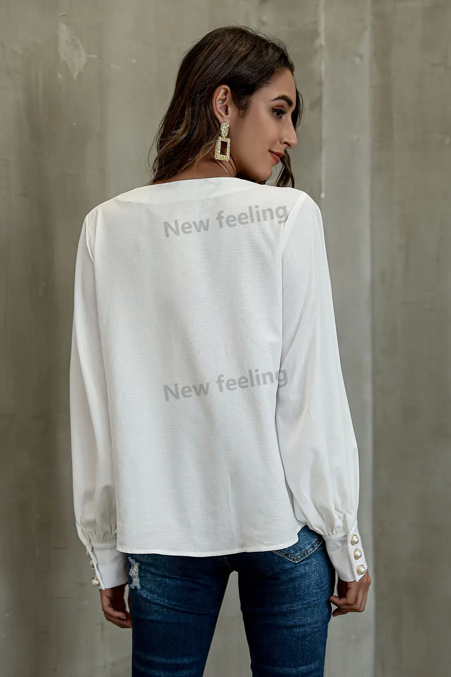 White Blouse Office Wear Women V Neck Lantern Long Sleeves Women Shirt Latest Design Ladies Office Blouses