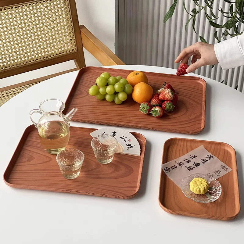 New Chinese Style Plastic Wood Grain Tea Tray Rectangle Coffee Plate Cake Serving Tray