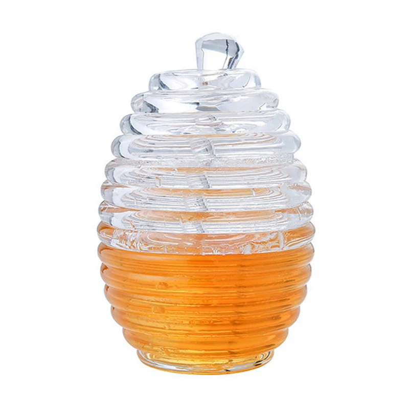 Food grade Transparent round shape beehive style plastic honey jars with spoon stick honey pot honey jar with lid
