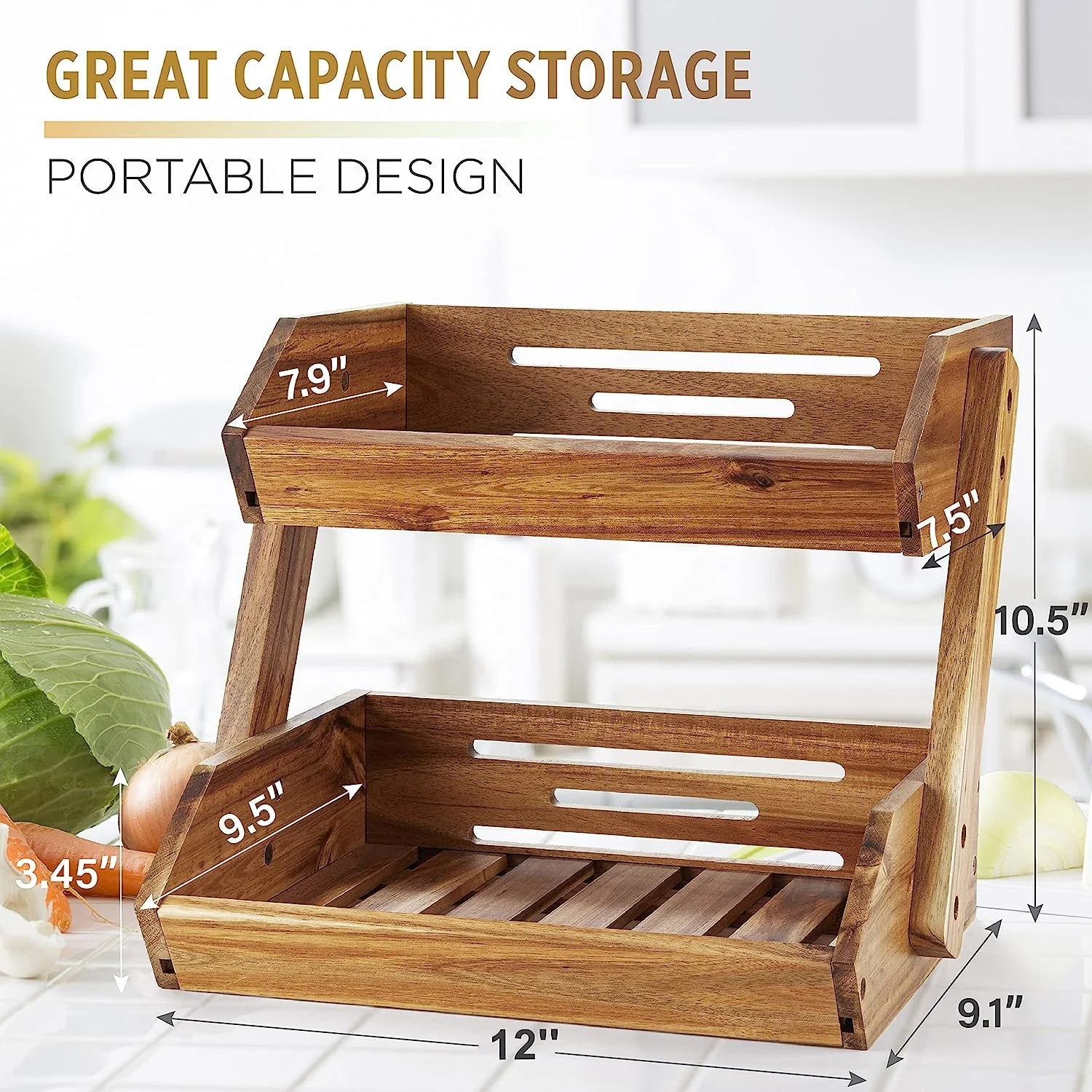 Large Capacity 2 Tier Bamboo Wood Fruit Basket Fruit Stand Storage Holder For Fruit,Vegetables,Bread Storage And Home Kitchen