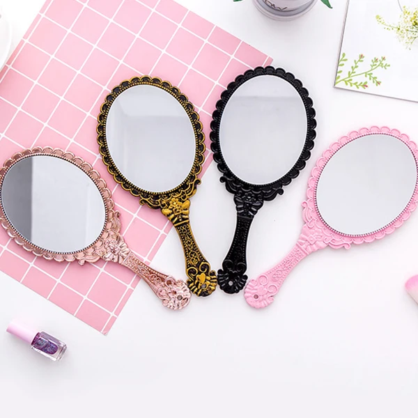 Pink Black handle makeup mirror cute Vintage Handheld Mirror plastic cosmetic mirror