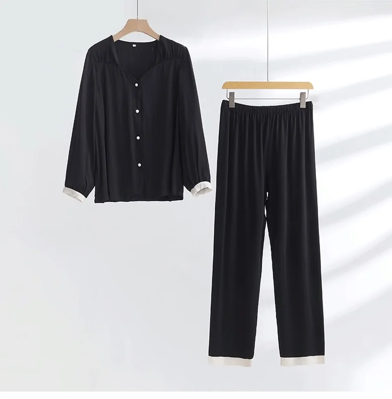 Soyal Spring Fall Satin Drill Lounge Wear Pajamas Set, Autumn Luxury Collarless Long Sleeve Women Pajamas Suit