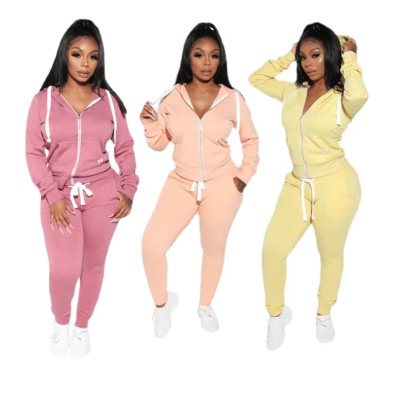 2021 Wholesale New  casual yellow hoodie set solid colors long sleeve 2 piece set women clothing fall sets sweat pant