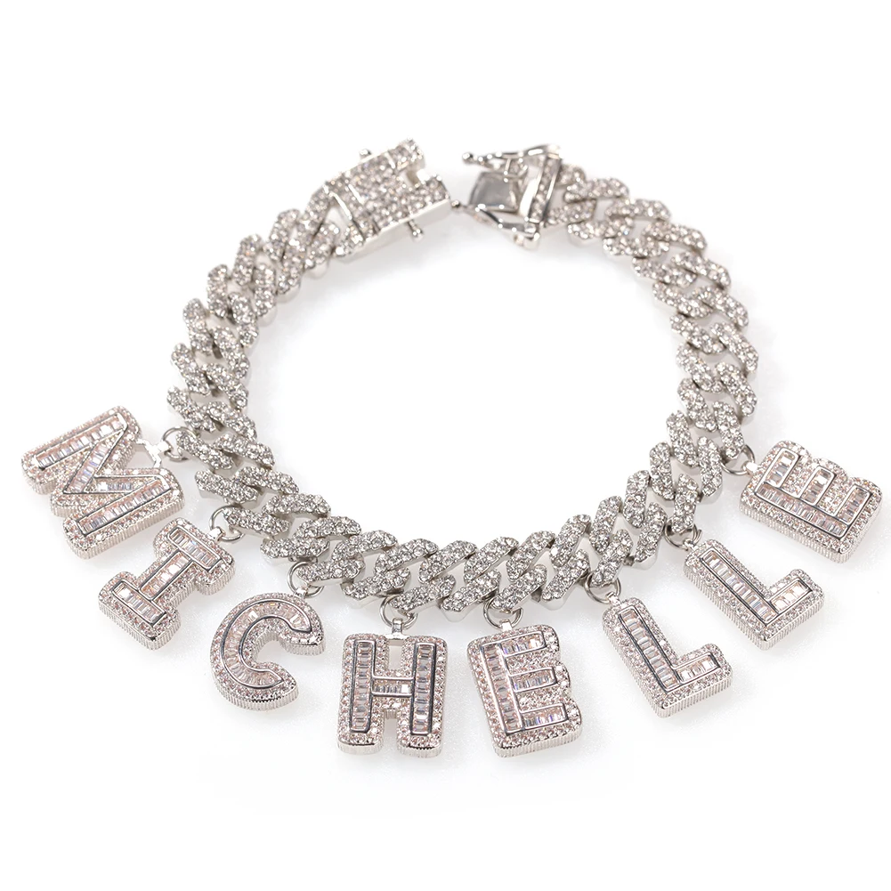 Pink Cuban Chain Pink Baguette Initial Letter Charms Anklets Women Bracelet Anklet with Letters