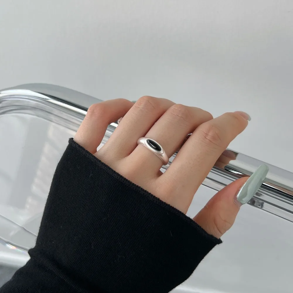 Dylam Simple Design Fashion Fine Women S925 Silver Rhodium Plated Open Adjustable Jewelry Black Onyx White Shell Stone Rings