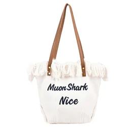 Women Summer Luxury Handbags Cotton Beach Tote Bag With Leather Handle Embroid Fringe Shoulder Bag Purses Tote Bag