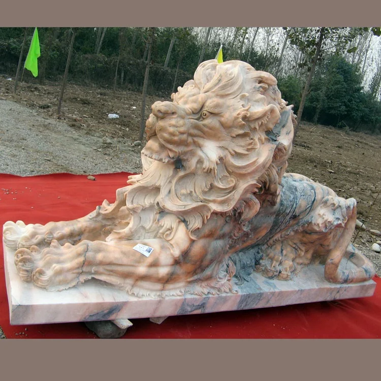 Life size hot selling sunset red marble stone lion sculpture for square bank company