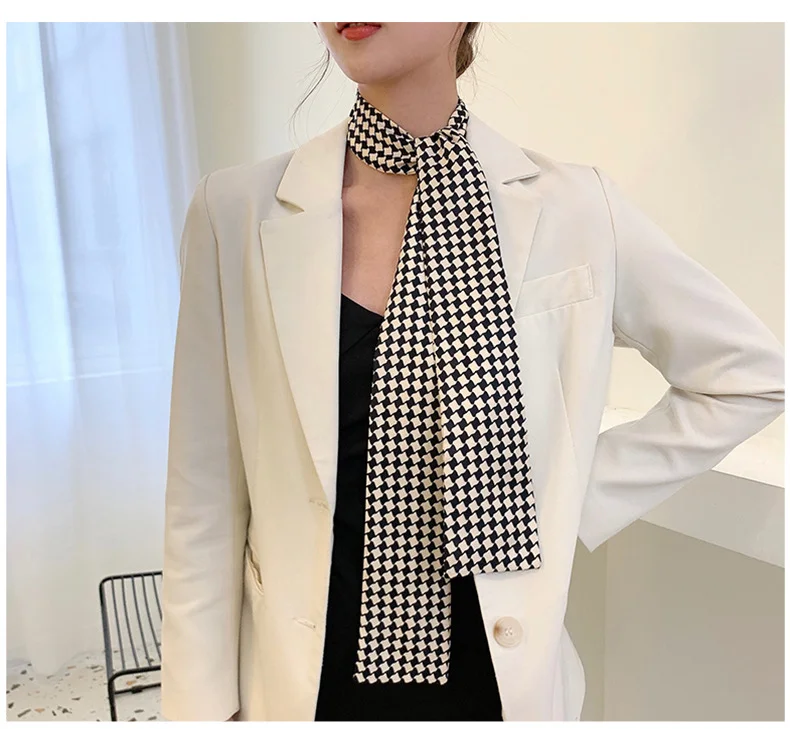 2021 new thin narrow long plaid silk scarf female temperament elegant hair band retro hair tie strap