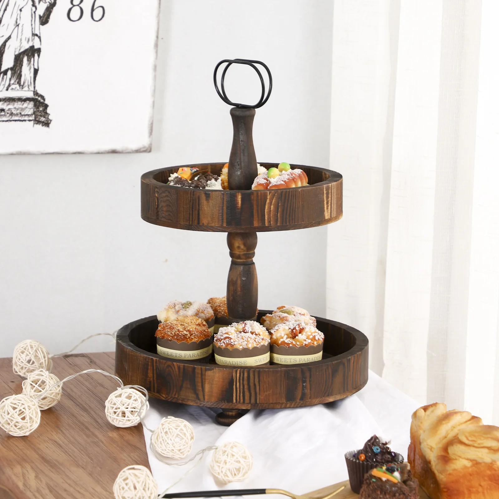 Customization wooden pallets wooden tiered tray with metal handle food display trays bamboo and wooden 2 tier tray