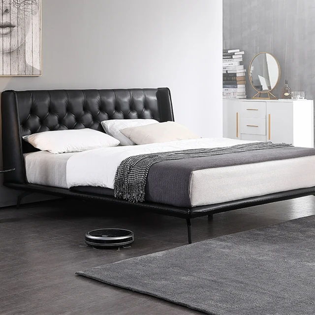 Italian simple modern style small apartment double master bedroom wedding bed leather bed