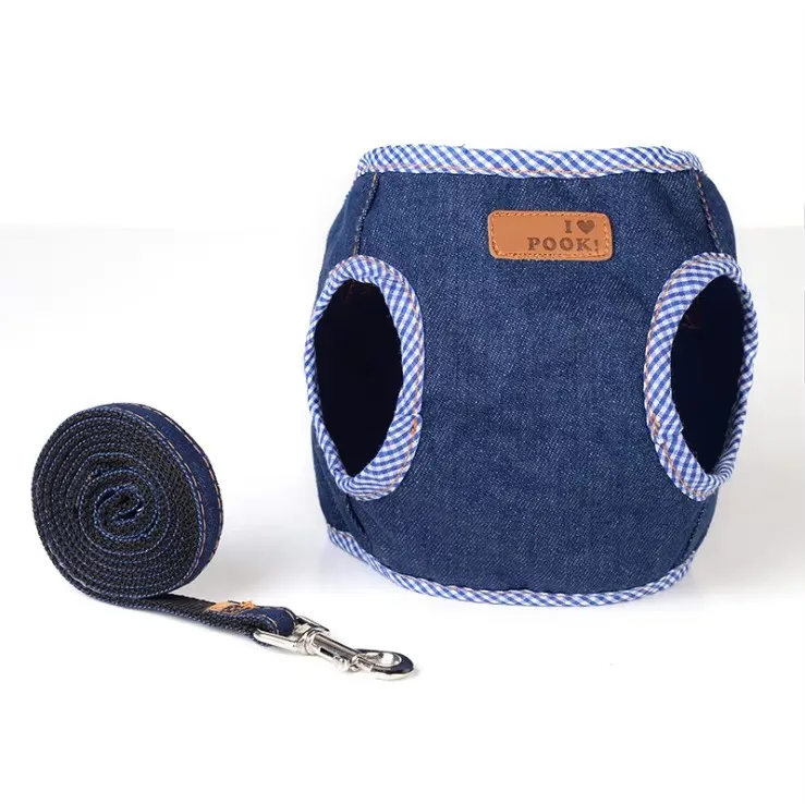cute soft comfortable sky blue cowboy denim canvas jean style dog pet chest vest back harness with traction belt leashes set