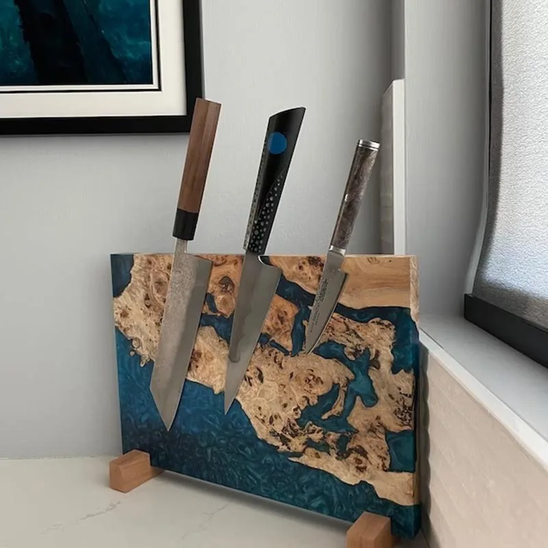 Luxury Epoxy Resin & Olive Wood Magnetic Knife Holder Knife Stand Knife Block for Kitchen Counter