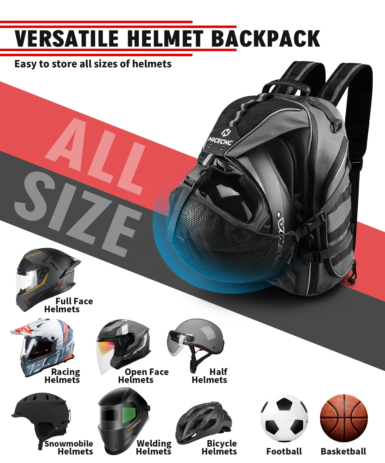 NiceCNC 35L Large Capacity Motorcycle Backpack Helmet Luggage Bag with USB-charge Port