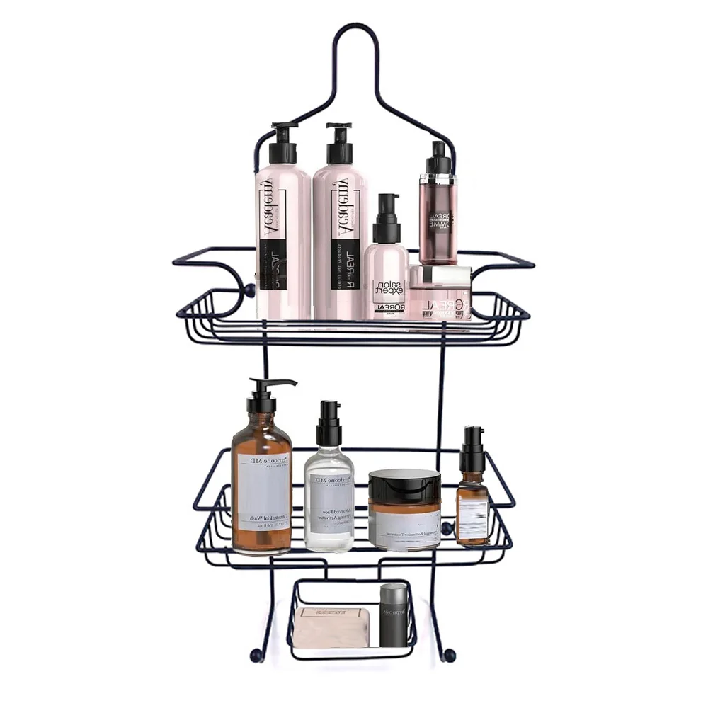 Without Drilling Hanging Shampoo 2 Tier Bathroom Basket Organizer Metal Black Storage Shower Shelf Rack Shower Caddy