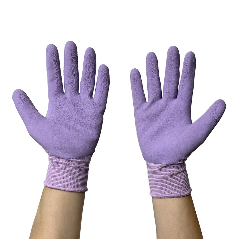 Breathable Ultra-thin Flexible 13G purple polyester liner, purple foam latex palm coated gloves Glove For Work And Handling