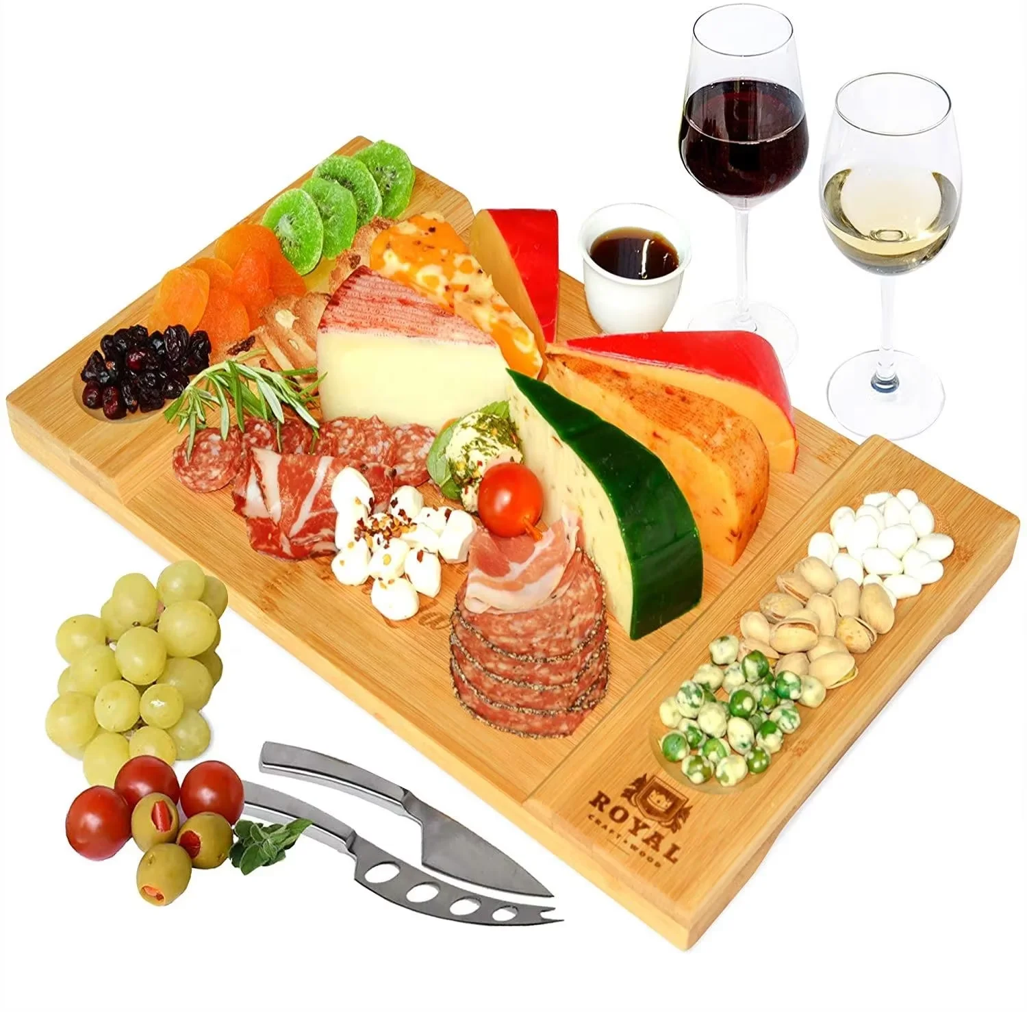 Bloques Para Cortar Rotatable Cheese Tray Draw-out Bamboo Cheese Cutting Board Server Plate Set with Stainless Steel Knife