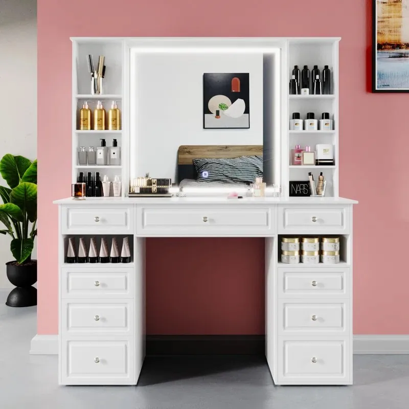Wholesale European Bedroom Furniture Luxury White Vanity Makeup Table with Light Dressing Table With Mirror