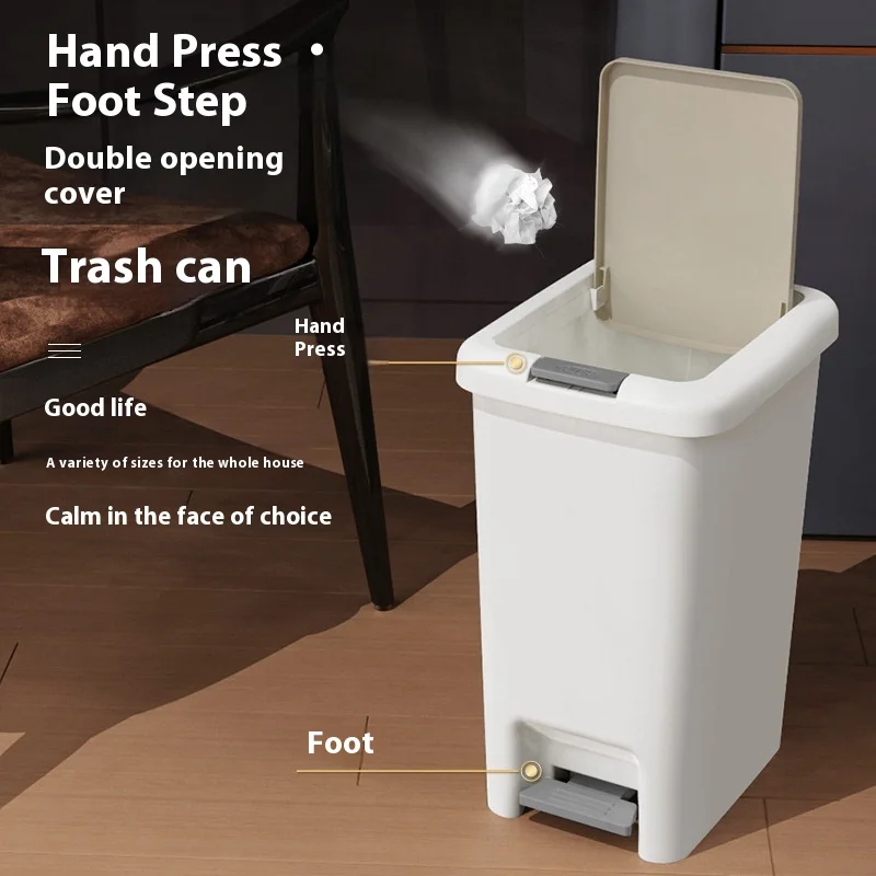 NEW Household Plastic Double Open Lid Pedal Garbage Can, Clamp Press Wastebasket for Bathroom, Bedroom, and Living Room