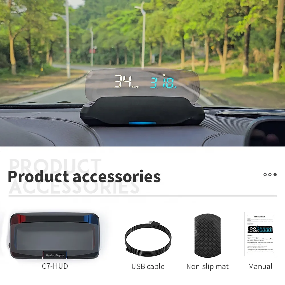 New 100% Car mirror GPS HUD head up display car speed alarm C7 blue LED popular hud display speedometer electronics