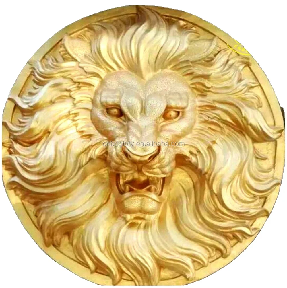 Outdoor garden Wall art Hanging ornament metal crafts Sculpture Gold Bronze Lion Head Statue