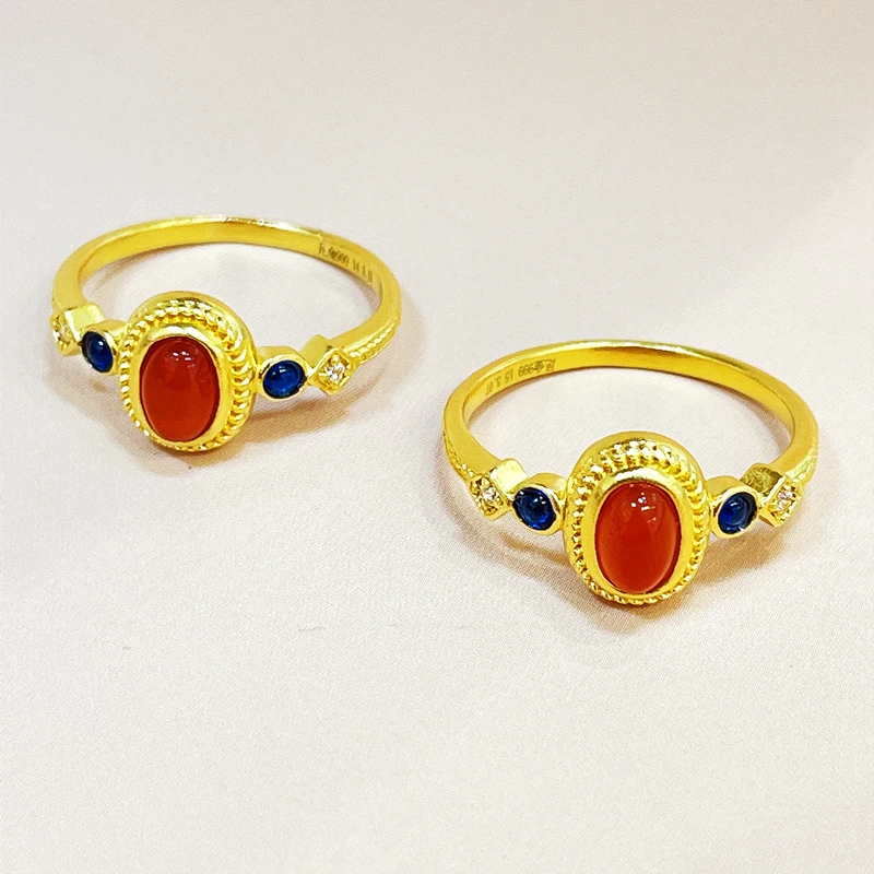 Golden Carnelian Enamel Mini Palace Sparrow 14K Gold Ring - Solid Gold Wedding Band for Women