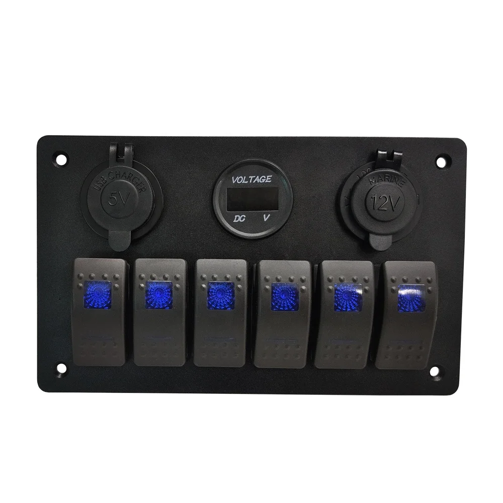  Amomd Car Marine Waterproof Combination Panel 6 Gang 12V Led Rocker Switch Voltmeter USB Charger Socket Cigar