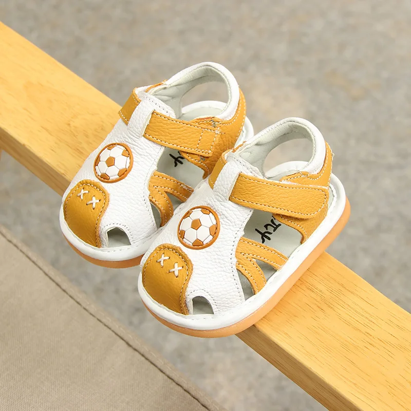 Genuine Leather Football Design Squeaky Baby Sandals Toddler Summer Sound Shoes