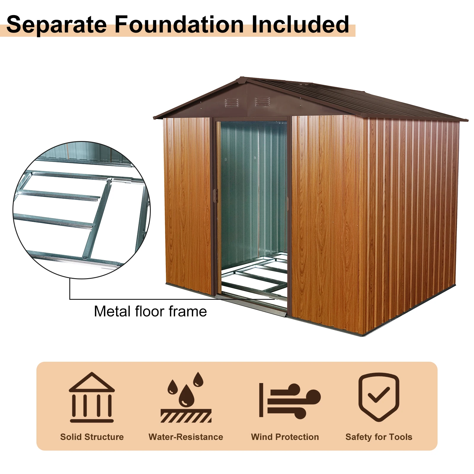 8ft x 6ft Outdoor Metal Storage Shed with Metal foundation,Brown