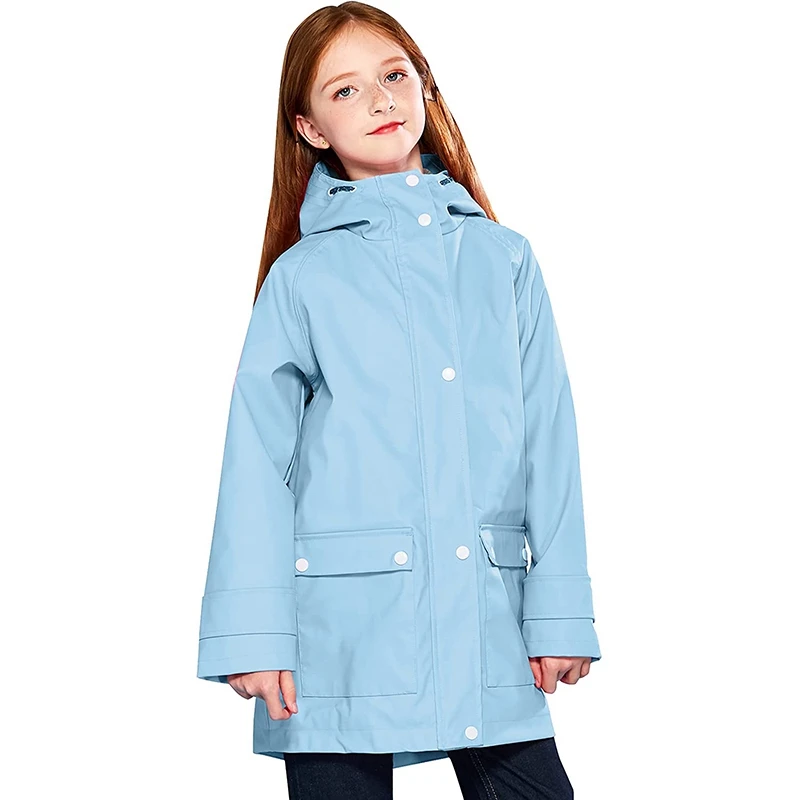 Kids Rain Jacket Hooded Lined Rubber PU RainCoats for Children Girls Boys Waterproof Windproof Size 5-14Y