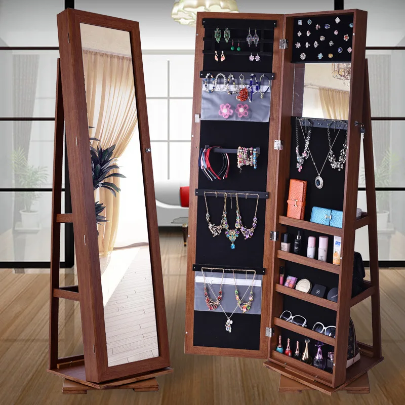 360 Degree Free-standing Revolving Mirror Cabinet Wooden Full Body Mirror Multi Jewelry Storage Mirror Cabinet for Living Room