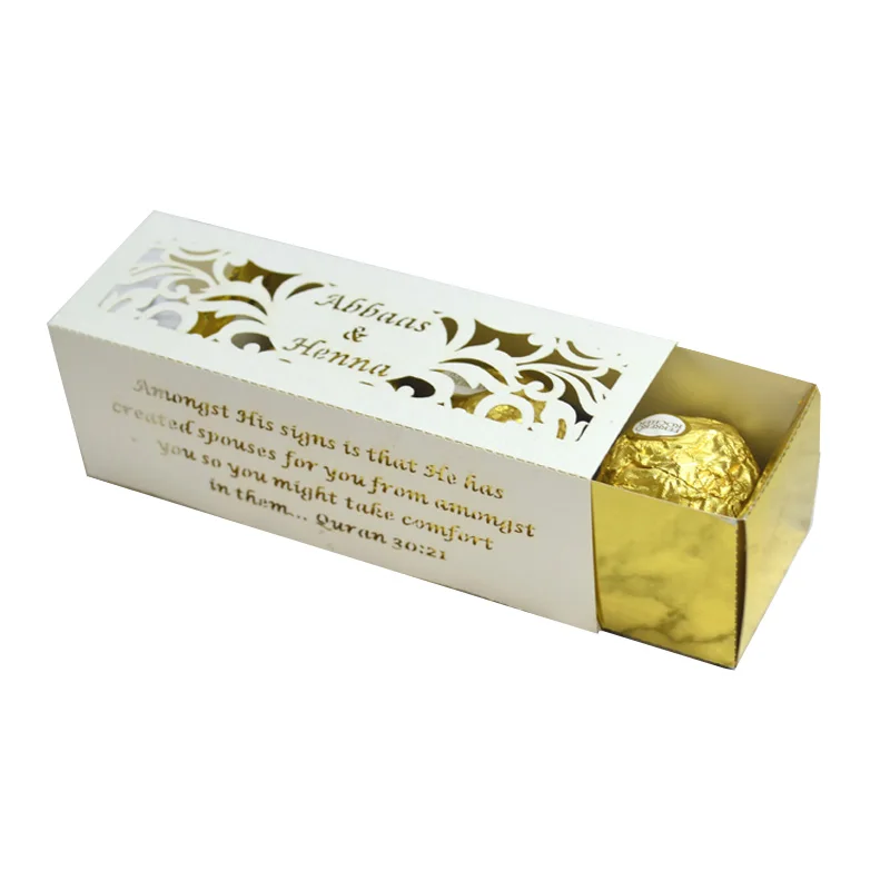 Rectangle drawer style laser cut nikkah favors small candy gift box custom wedding favors