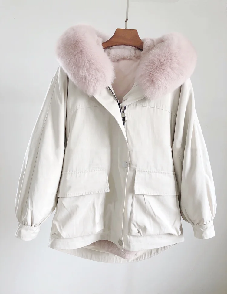 Wholesale Warm Winter Fox Fur Hood Parka Woman Black Parka With Real Rex Rabbit Fur Lined